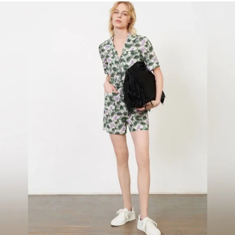 Maje Izer Floral Print Romper with Green and Purple Accents
